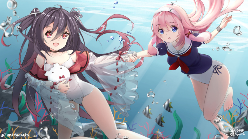 2girls, azur_lane, bangs, black_hair, blue_eyes, breasts, gradient_hair, hair_between_eyes