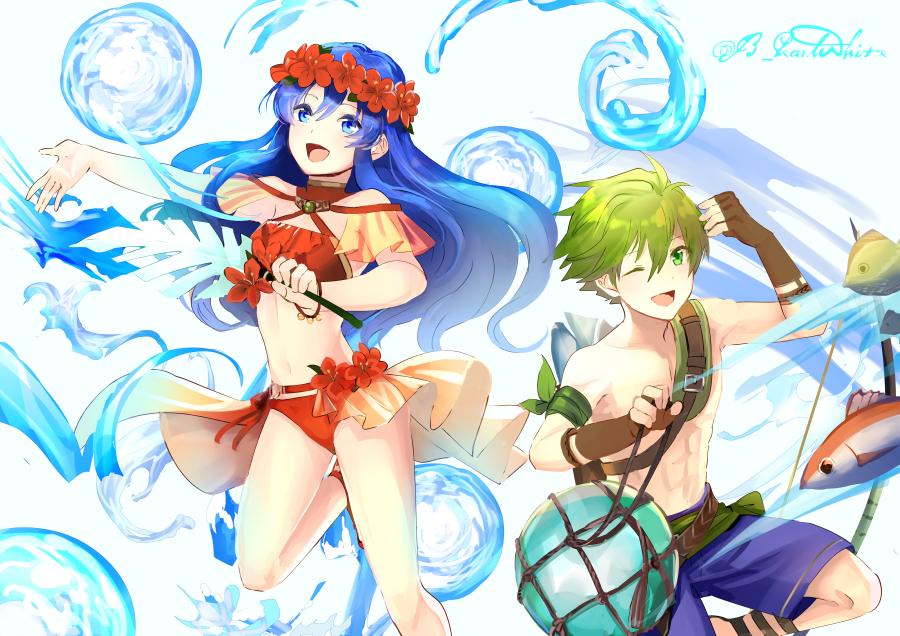 1boy, 1girl, bikini, blue_eyes, blue_hair, bow_(weapon), breasts, female_swimwear
