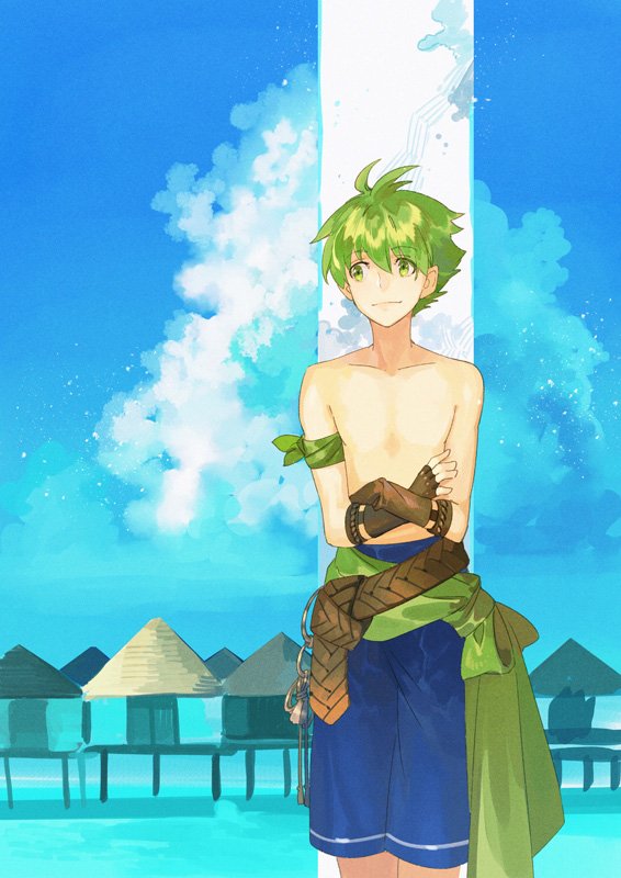 1boy, bare_chest, blue_sky, fire_emblem, fire_emblem:_fuuin_no_tsurugi, fire_emblem:_the_binding_blade, fire_emblem_heroes, green_eyes
