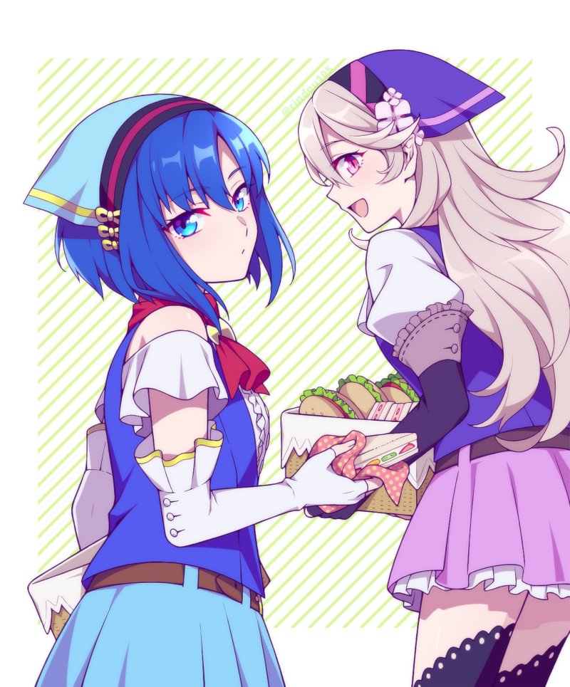 2girls, blue_eyes, blue_hair, catria_(fire_emblem), corrin_(fire_emblem), corrin_(fire_emblem)_(female), elbow_gloves, female_my_unit_(fire_emblem_if), fingerless_gloves, fire_emblem, fire_emblem:_ankoku_ryuu_to_hikari_no_tsurugi, fire_emblem:_mystery_of_the_emblem, fire_emblem:_mystery_of_the_emblem, fire_emblem:_new_mystery_of_the_emblem, fire_emblem:_shadow_dragon, fire_emblem:_shadow_dragon_and_the_blade_of_light, fire_emblem:_shin_ankoku_ryuu_to_hikari_no_tsurugi, fire_emblem:_shin_monshou_no_nazo, fire_emblem_fates, fire_emblem_heroes, fire_emblem_if, food, gloves, handkerchief, head_scarf, hiyori_(rindou66), holding, holding_food, intelligent_systems, kamui_(fire_emblem), long_hair, looking_at_viewer, multiple_girls, my_unit_(fire_emblem_if), nintendo, pointy_ears, red_eyes, sandwich, short_hair, skirt, smile, super_smash_bros., white_hair