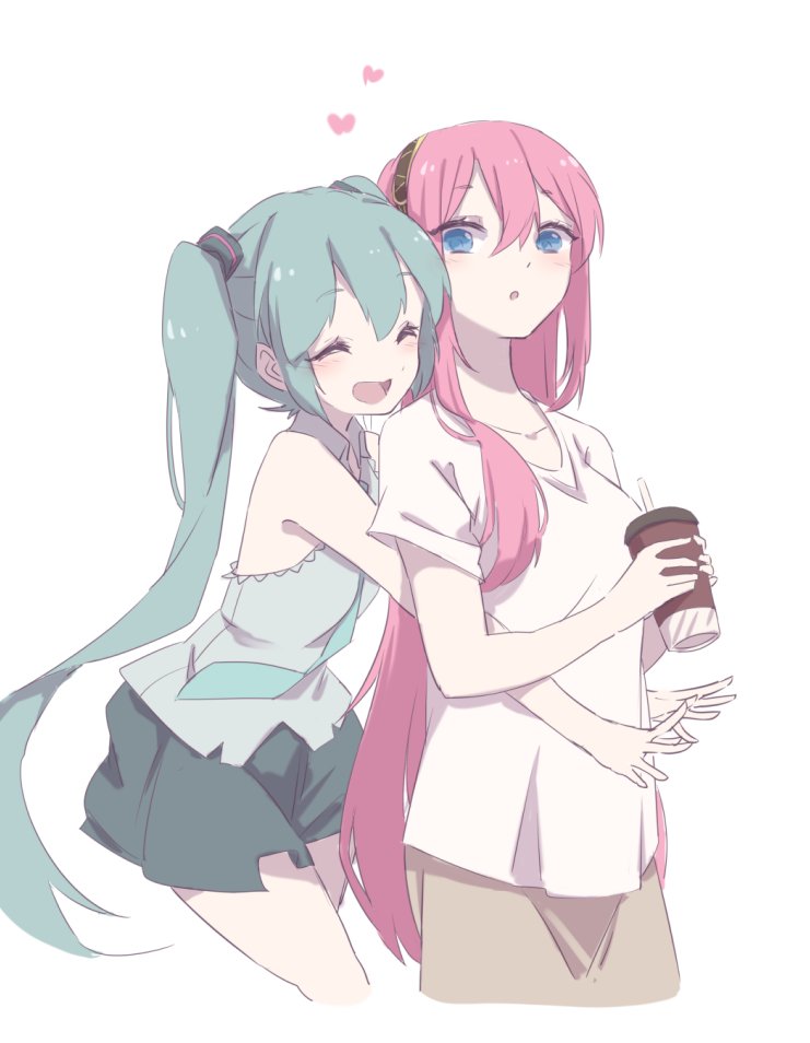 2girls, aqua_hair, aqua_neckwear, bare_shoulders, black_skirt, blue_eyes, blush, closed_eyes