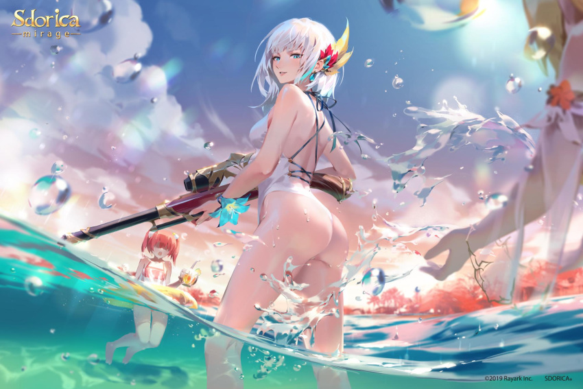 2girls, 3girls, alternate_costume, aqua_eyes, armlet, ass, bangs, bare_shoulders