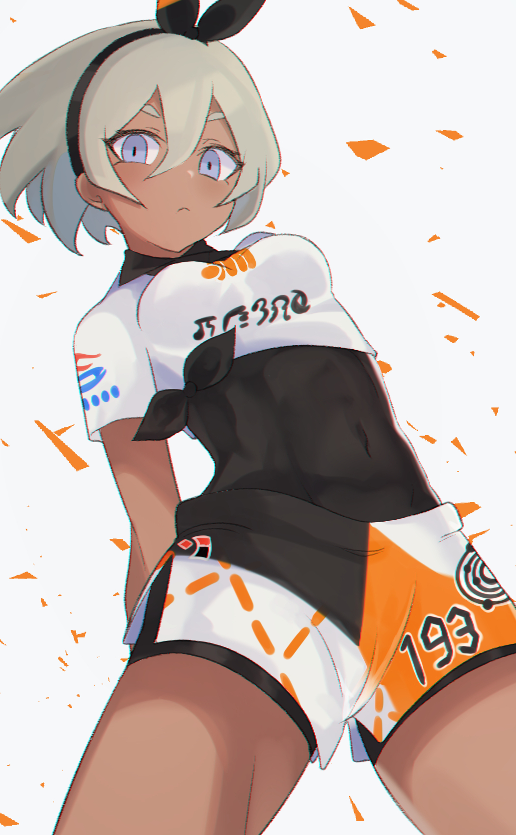 1girl, bangs, black_bodysuit, black_hairband, black_ribbon, blue_eyes, bodysuit, breasts