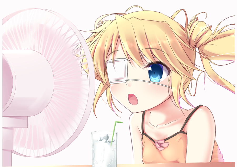 1girl, blonde_hair, blue_eyes, collarbone, drinking_straw, electric_fan, eyepatch, floating_hair