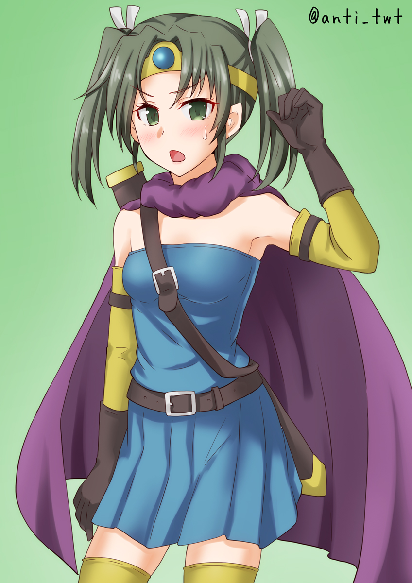 1girl, anti_(untea9), armpits, black_gloves, blue_dress, cape, circlet, commentary_request