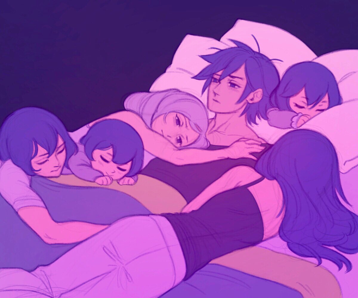 3boys, 3girls, annoyed, bed, blanket, blue_hair, chrom_(fire_emblem), dark_background