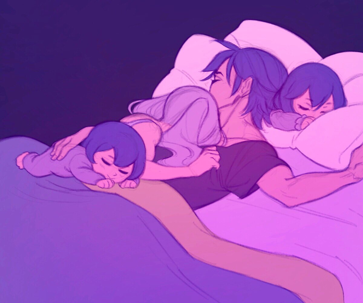 2boys, 2girls, bed, blanket, blue_hair, chrom_(fire_emblem), dark_background, family