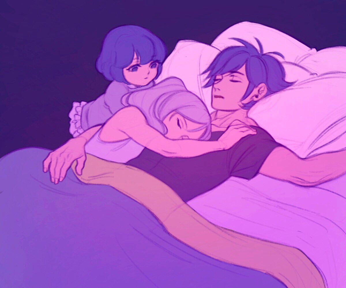 1boy, 2girls, bed, blanket, blue_hair, chrom_(fire_emblem), dark_background, family