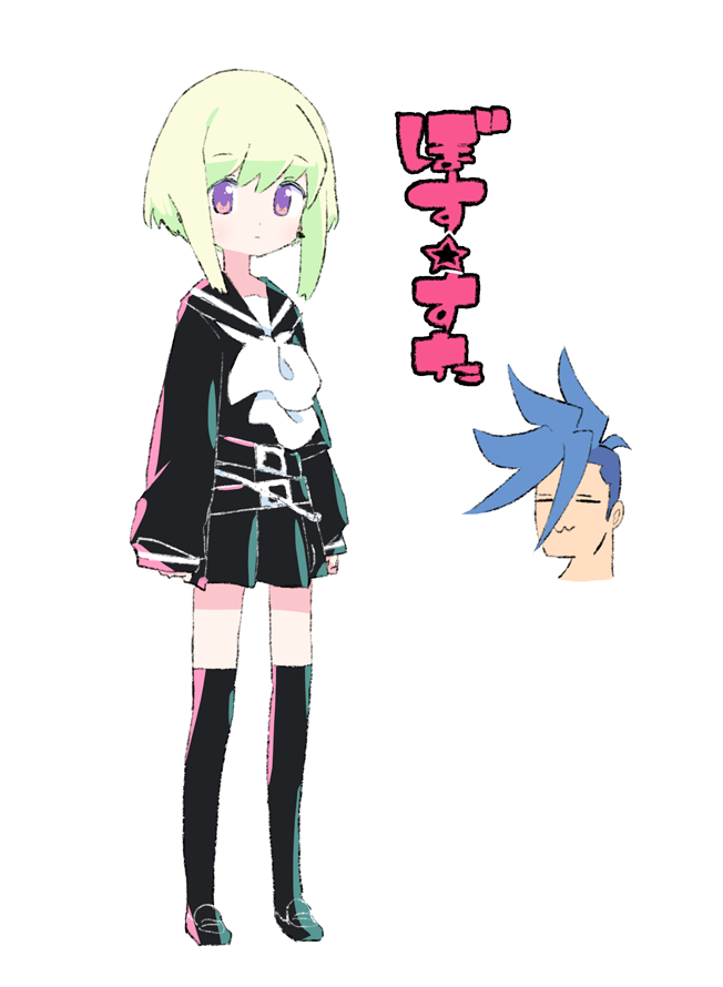 :3, =_=, bangs, black_serafuku, black_shirt, blue_hair, cravat, creator_connection