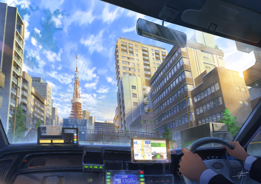 1other, ambiguous_gender, blue_sky, bridge, car_interior, city, cityscape, day, directional_arrow, driving, gps, hands, highres, long_sleeves, navigator, niko_p, original, outdoors, railing, road_sign, scenery, sign, sky, tokyo, tokyo_tower