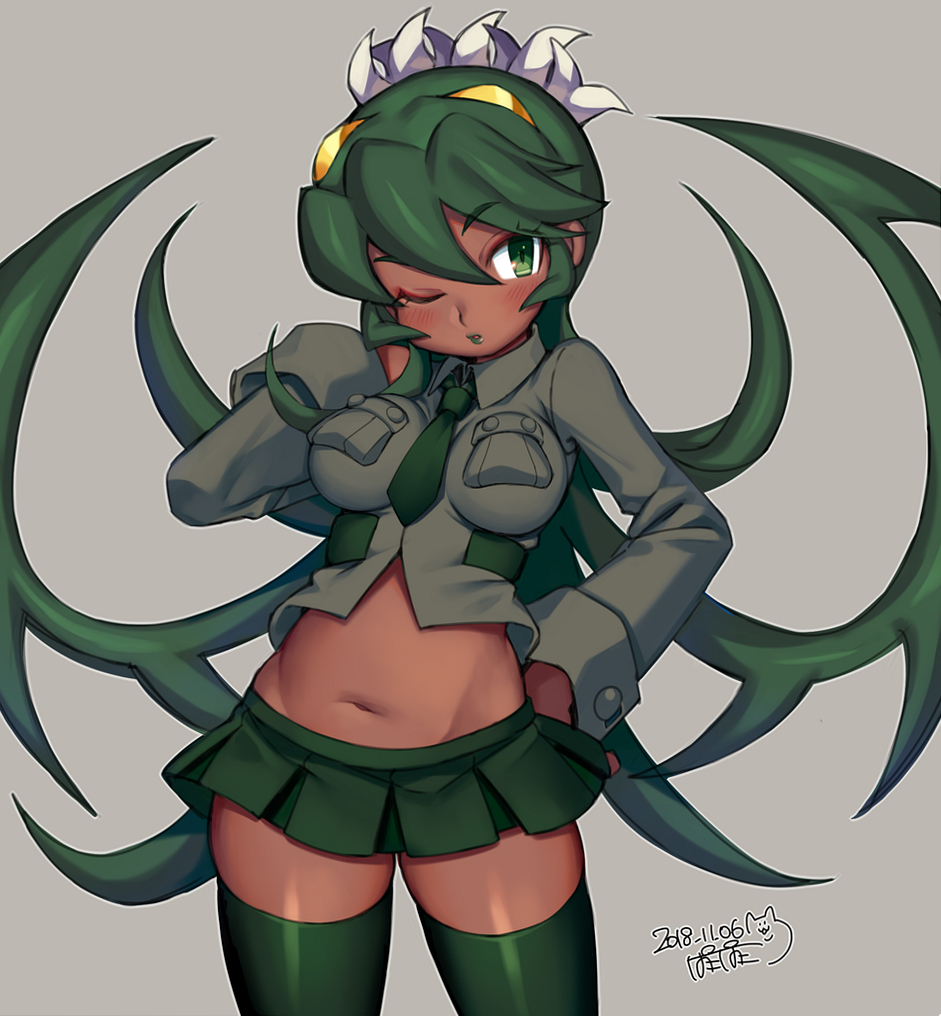 1girl, artist_name, blush, breasts, closed_mouth, dark_skin, dated, eyebrows_visible_through_hair