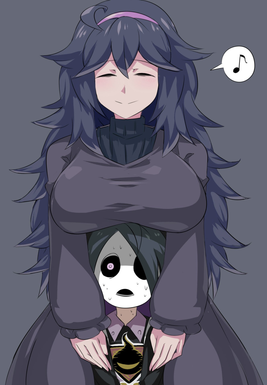 1boy, 1girl, ahoge, black_dress, black_hair, bright_pupils, closed_eyes, dress