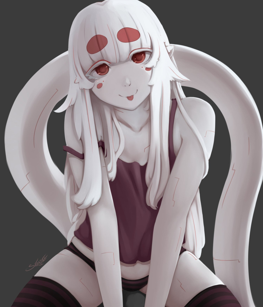 1girl, :p, ad-6-0001a, alien, artist_name, bangs, bare_shoulders, black_background