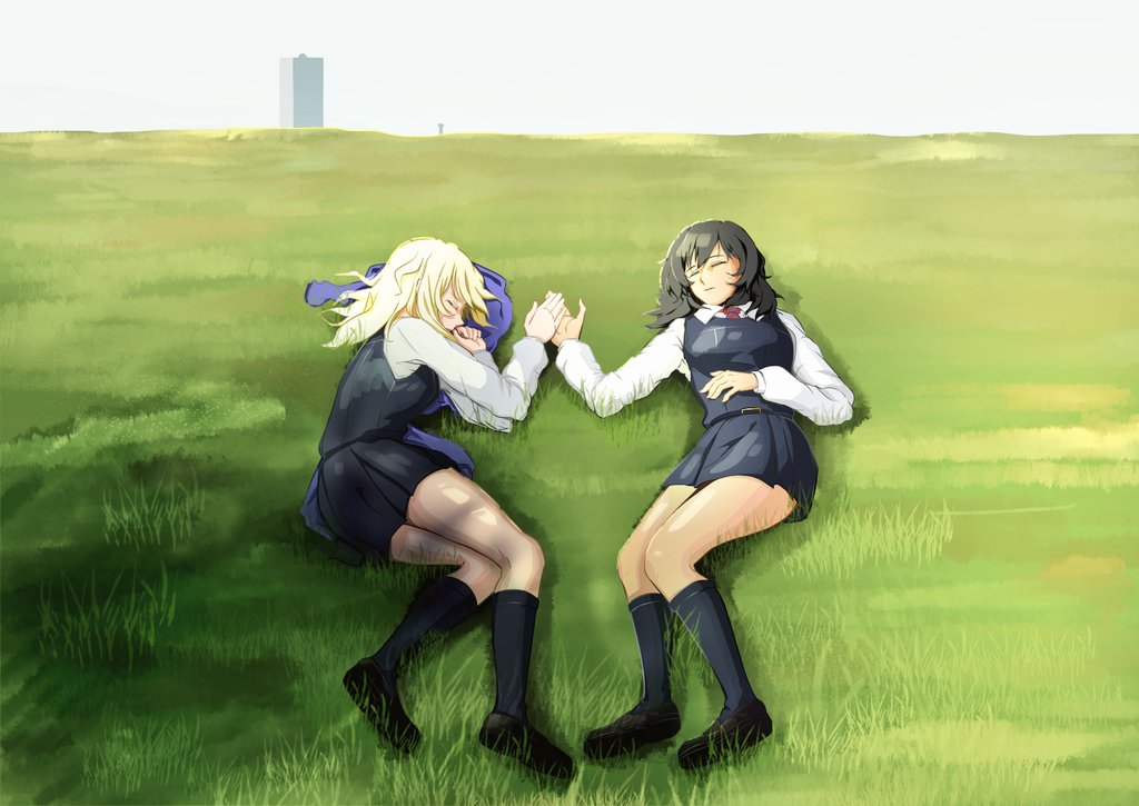 andou_(girls_und_panzer), bangs, bc_freedom_school_uniform, blonde_hair, building, closed_eyes, dark_skin, field