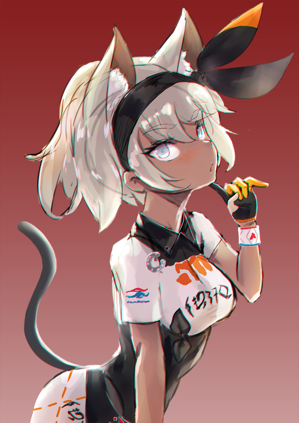 1girl, abs, animal_ears, bodysuit, cat_ears, cat_girl, cat_tail, covered_navel, dark_skin, fatherland2009, gloves, grey_eyes, grey_hair, hairband, highres, pokemon, pokemon_(game), pokemon_swsh, saitou_(pokemon), shirt, short_hair, short_sleeves, shorts, solo, tail, white_shirt