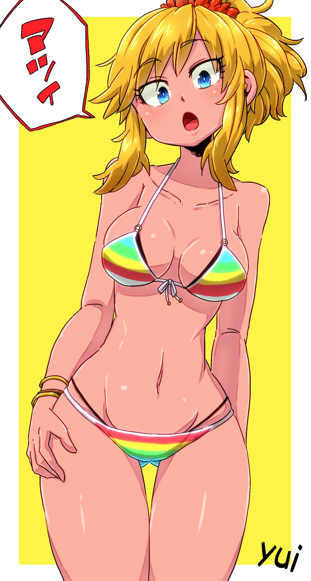1girl, aono3, arm_behind_back, ass_visible_through_thighs, bikini, blonde_hair, blue_eyes, bracelet
