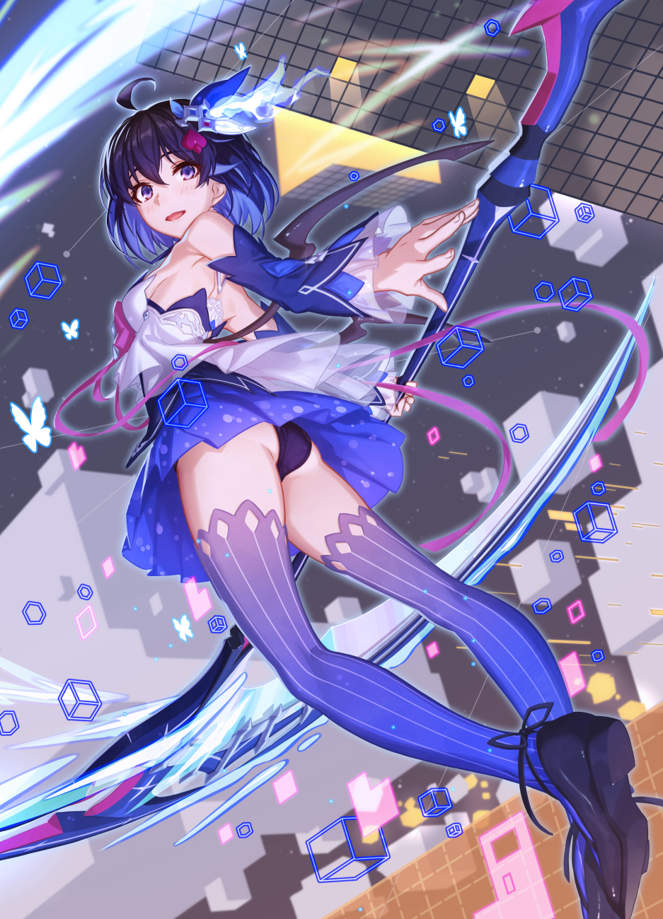 1girl, ahoge, armpits, ass, bare_shoulders, black_hair, blue_eyes, blue_footwear