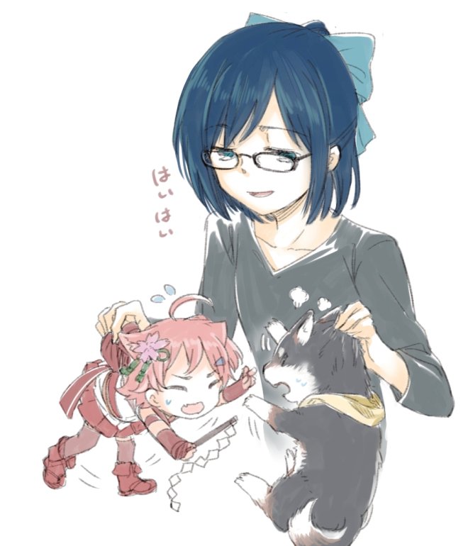 2girls, ahoge, animal_ears, blue_hair, closed_eyes, collarbone, dog, ds_(ndsl)