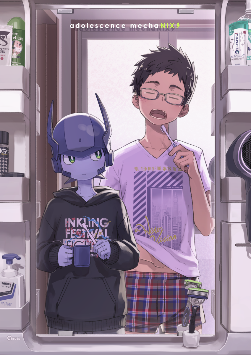 1girl, 2boys, bad_reflection, bathroom, boxers, brushing_teeth, closed_eyes, cup, error, green_eyes, highres, hood, hoodie, male_focus, mirror, mug, multiple_boys, original, reflection, robot, shirt, sink, sleepy, t-shirt, tears, toothbrush, toothpaste, underwear, yuushitessen