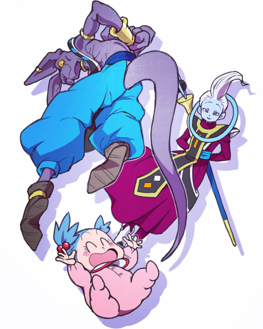 1girl, 2boys, :d, ^_^, arms_behind_back, baby, baggy_pants, beer_oekaki, beerus, blue_hair, blue_pants, blue_skin, blush, blush_stickers, bra_(dragon_ball), bracelet, closed_eyes, commentary_request, dragon_ball, dragon_ball_super, dragon_ball_super_broly, dress, ear_piercing, egyptian_clothes, eyebrows_visible_through_hair, eyelashes, floating, from_behind, full_body, happy, highres, jewelry, laughing, long_sleeves, looking_at_another, looking_down, multiple_boys, open_mouth, outstretched_arms, pants, piercing, purple_dress, shadow, shirtless, simple_background, smile, twintails, violet_eyes, whis, white_background, white_hair, yellow_eyes