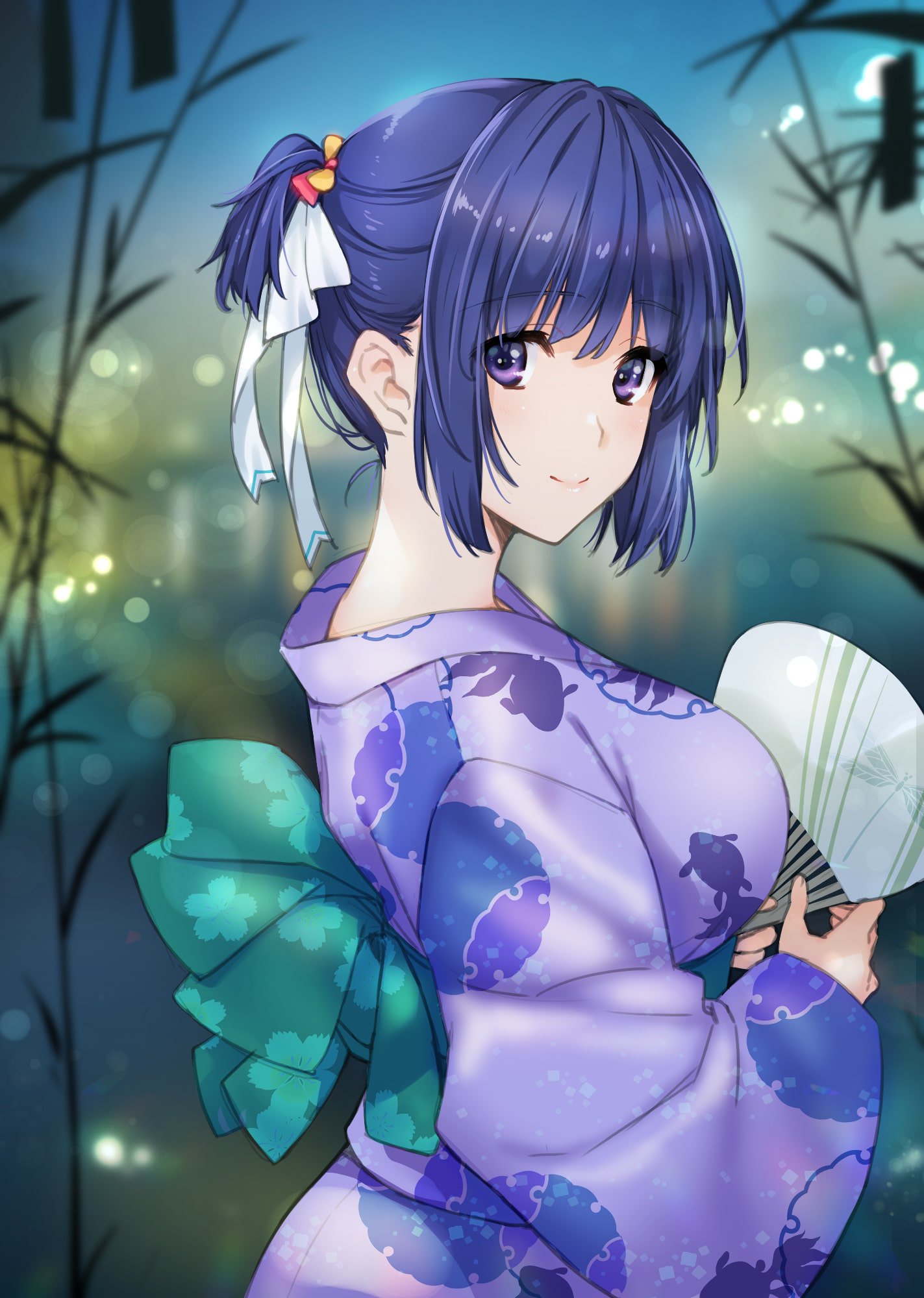 1girl, animal_print, bamboo, bangs, blurry, blush, bow, closed_mouth