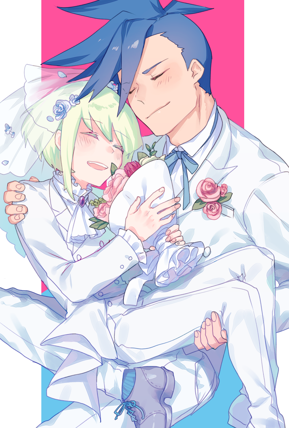 2boys, blush, bouquet, closed_eyes, cravat, flower, green_hair, highres