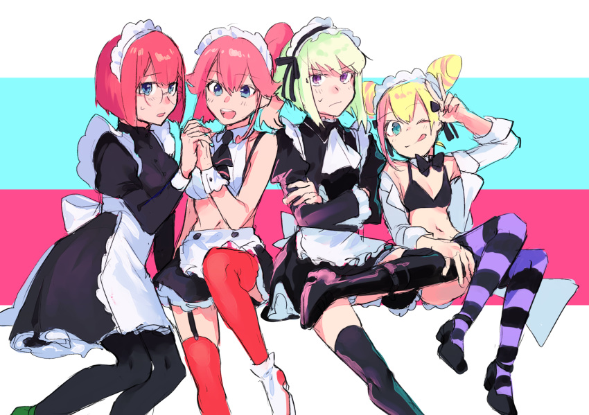 1boy, 3girls, aina_ardebit, alternate_costume, apron, black_legwear, blue_eyes, enmaided