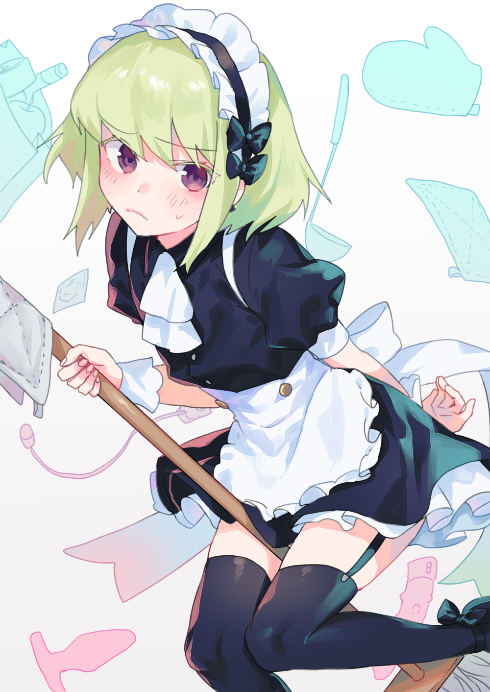 1boy, alternate_costume, apron, black_dress, black_legwear, cravat, crossdressinging, dress