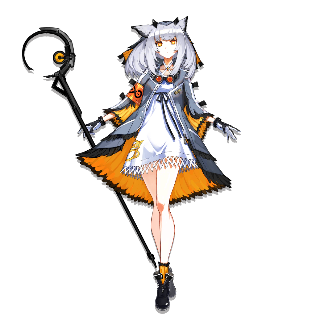 1girl, animal_ears, arknights, armband, bangs, bare_legs, black_footwear, boots, breasts, closed_mouth, coat, collarbone, crossed_legs, dress, expressionless, eyebrows_visible_through_hair, feather-trimmed_coat, feather_trim, full_body, gloves, goggles, grey_coat, grey_hair, headwear, holding, holding_staff, long_sleeves, looking_at_viewer, medium_breasts, medium_hair, multicolored, multicolored_eyes, official_art, open_clothes, open_coat, orange_eyes, orange_legwear, owl_ears, ptilopsis_(arknights), ryuuzaki_ichi, sidelocks, socks, solo, staff, tachi-e, transparent_background, veil, watson_cross, weapon, white_dress, yellow_eyes