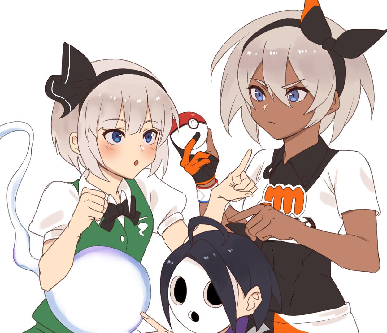 1boy, 2girls, abs, ahoge, black_bodysuit, blue_eyes, bodysuit, bow, bowtie, closed_mouth, creatures_(company), crossover, dark_skin, fingerless_gloves, game_freak, gloves, green_vest, hairband, kamu_(kamuuei), konpaku_youmu, konpaku_youmu_(ghost), mask, multiple_girls, nintendo, olm_digital, onion_(pokemon), open_mouth, pointing, poke_ball, pokemon, pokemon_(anime), pokemon_(game), pokemon_swsh, poking, purple_hair, saitou_(pokemon), short_hair, short_sleeves, simple_background, super_smash_bros., team_shanghai_alice, touhou, vest, white_background, white_hair