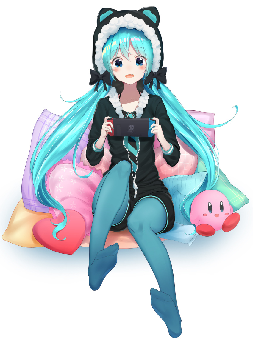 1girl, :d, animal_hood, aqua_hair, bibboss39, black_bow, black_hoodie, black_shorts, blue_eyes, blue_legwear, blush, bow, character_doll, collarbone, commentary_request, crypton_future_media, cute, fang, feet, fur_trim, game_console, hal_laboratory_inc., hatsune_miku, hatsune_miku_project_diva, heart, highres, holding, hood, hoodie, hoshi_no_kirby, kirby, kirby_(series), long_hair, long_sleeves, looking_down, moe, nail_polish, necktie, nintendo, nintendo_switch, no_shoes, open_mouth, pantyhose, partially_unzipped, pillow, sega, short_shorts, shorts, sitting, smile, striped, striped_neckwear, super_smash_bros., twintails, very_long_hair, vocaloid, white_background, yamaha_(company), zipper