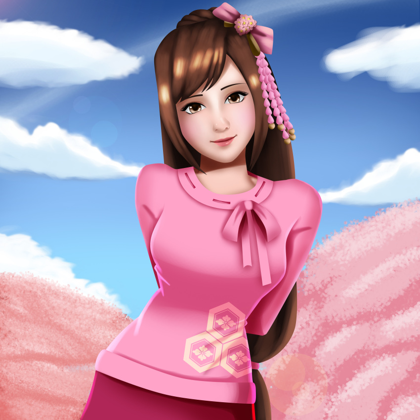 1girl, arms_behind_back, braid, braided_ponytail, brown_eyes, brown_hair, cute, deviantart