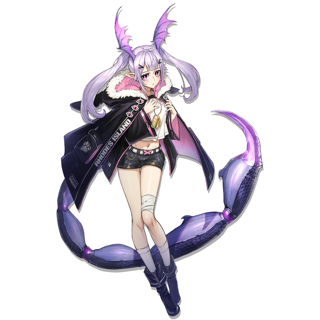 1girl, arknights, bandaged_leg, bandages, bangs, belt, black_cloak, black_footwear