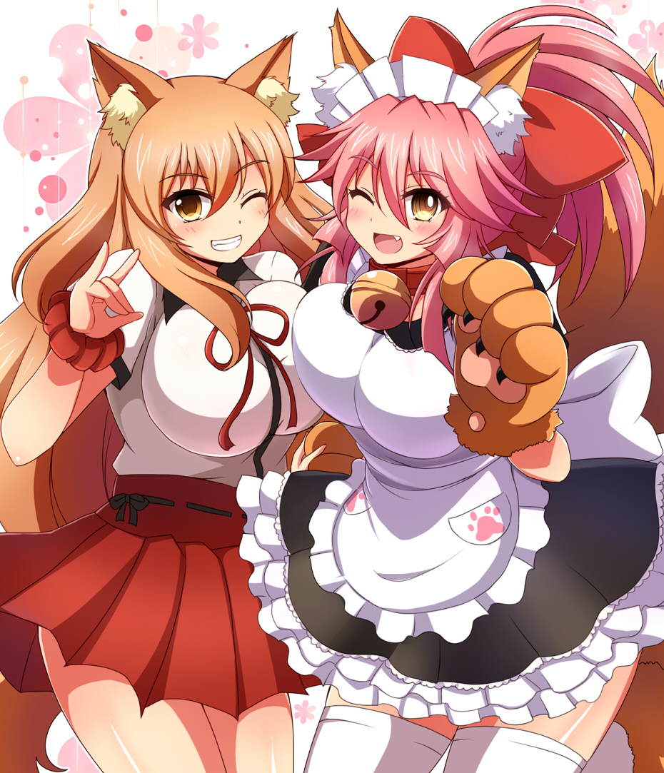 2girls, afuro, alternate_costume, animal_ear_fluff, animal_ears, apron, bell, bell_collar