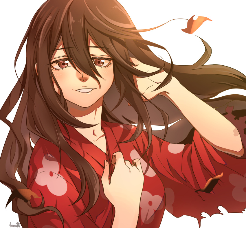 1girl, absurdres, artist_name, brown_eyes, dororo_(tezuka), floral_print, frayed_clothes, hair_between_eyes