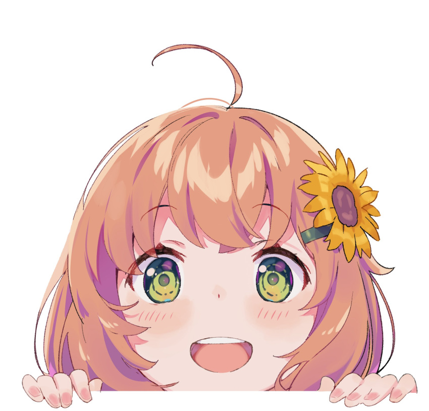 1girl, :d, ahoge, blush, brown_hair, commentary, dot_nose, eyebrows_visible_through_hair, face, fingernails, fourth_wall, green_eyes, highres, honma_himawari, looking_at_viewer, medium_hair, nana_(nana_yume87), nijisanji, open_mouth, peeking_out, simple_background, smile, upper_teeth, white_background