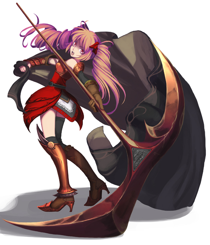 brown_hair, cape, drill_hair, fantasy, gloves, knee_boots, kuro_kuro_kuro, kurokurokuro