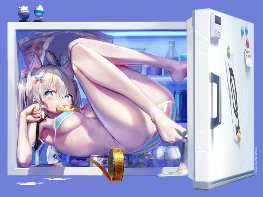 1girl, animal_ears, aqua_bikini, aqua_ribbon, armpits, artist_name, barefoot, bendy_straw, bikini, blue_background, blue_eyes, blush, breasts, bright_pupils, can, carton, commentary, doughnut, drinking_straw, egg_carton, energy_drink, food, food_in_mouth, gesoking06, hair_ribbon, highres, holding, in_container, in_refrigerator, lying, magnet, medium_breasts, milk_carton, monster_energy, mouth_hold, multicolored, multicolored_bikini, multicolored_clothes, on_back, open_door, original, pastry_box, pink_bikini, pink_ribbon, pon_de_ring, refrigerator, refrigerator_magnet, ribbon, silver_hair, simple_background, solo, striped, striped_bikini, surstromming, swimsuit, tin_can, two-tone_bikini, two_side_up, under_boob, white_pupils