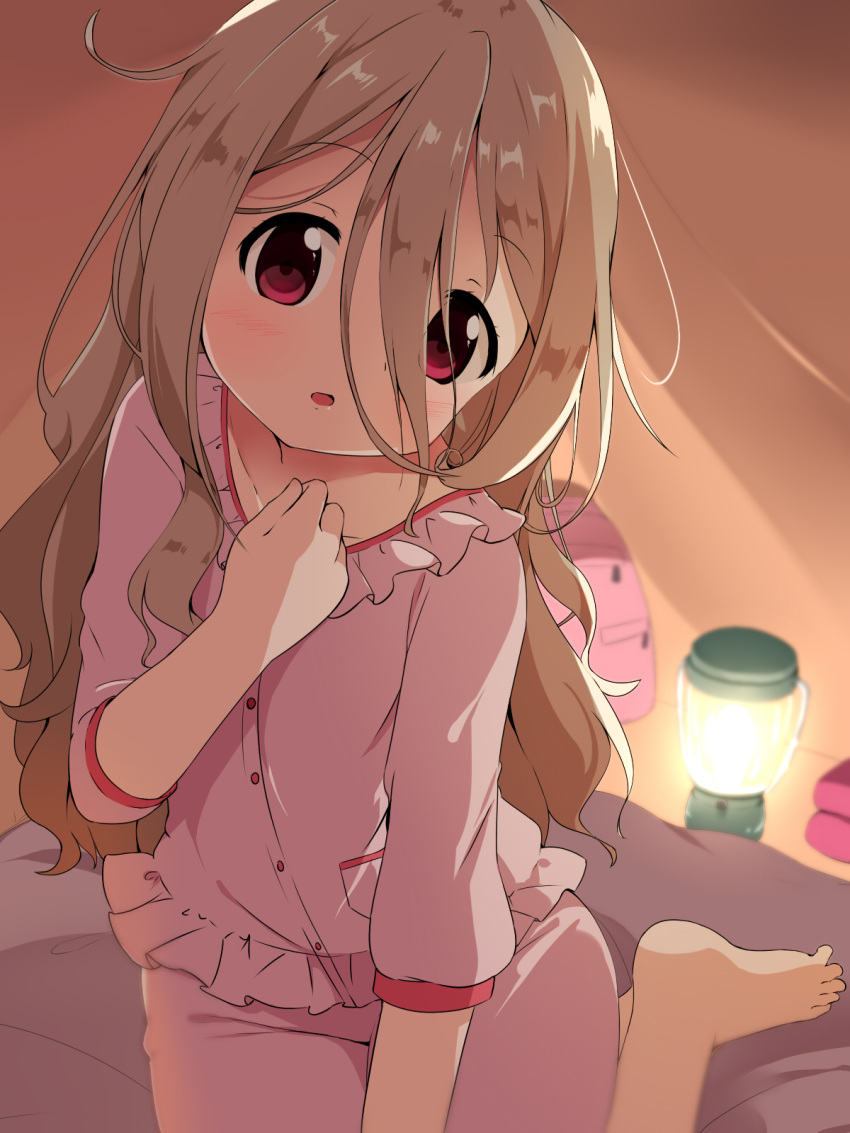 1girl, aoba_kokona, backpack, bag, bangs, barefoot, blurry, blurry_background