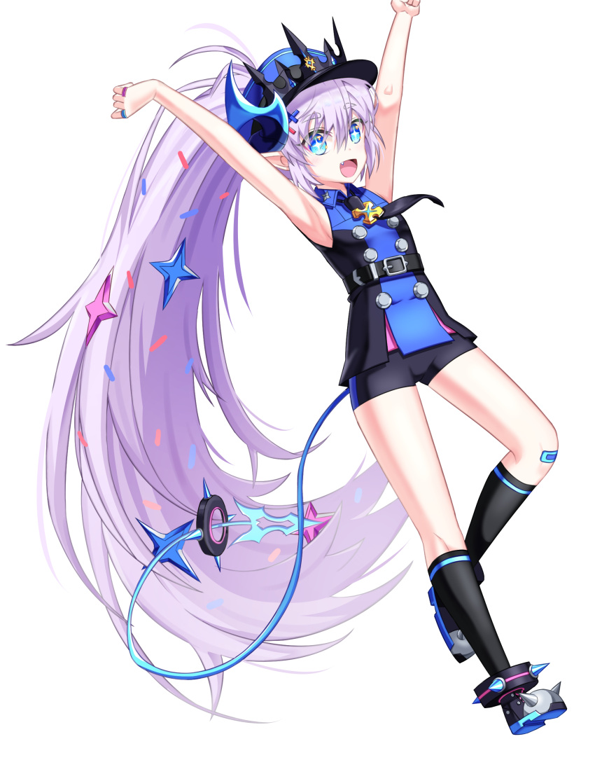 1girl, :d, absurdres, armpits, arms_up, black_legwear, black_neckwear, black_shorts, blue_eyes, cookiegoon, elsword, eyebrows_visible_through_hair, fang, flat_chest, floating_hair, full_body, hair_between_eyes, high_ponytail, highres, kneehighs, long_hair, luciela_r._sourcream, necktie, open_mouth, outstretched_arms, short_shorts, shorts, silver_hair, simple_background, sleeveless_jacket, smile, solo, star, star-shaped_pupils, symbol-shaped_pupils, tail, very_long_hair, white_background, wing_collar