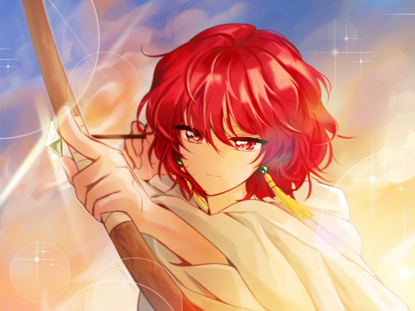 1girl, akatsuki_no_yona, arrow, bow_(weapon), closed_mouth, earrings, eyebrows_visible_through_hair, hair_between_eyes, holding, holding_arrow, holding_bow_(weapon), holding_weapon, jewelry, lens_flare, long_hair, megaheng, red_eyes, redhead, shiny, shiny_hair, short_hair, solo, sparkle, upper_body, weapon, yona_(akatsuki_no_yona)