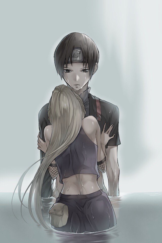 1boy, 1girl, black_hair, black_shirt, blonde_hair, couple, crop_top, detached_sleeves