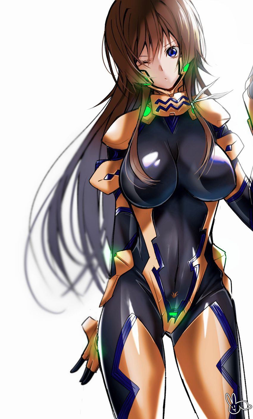 1girl, black_bodysuit, blue_eyes, bodysuit, breasts, breasts_apart, brown_hair, covered_nipples