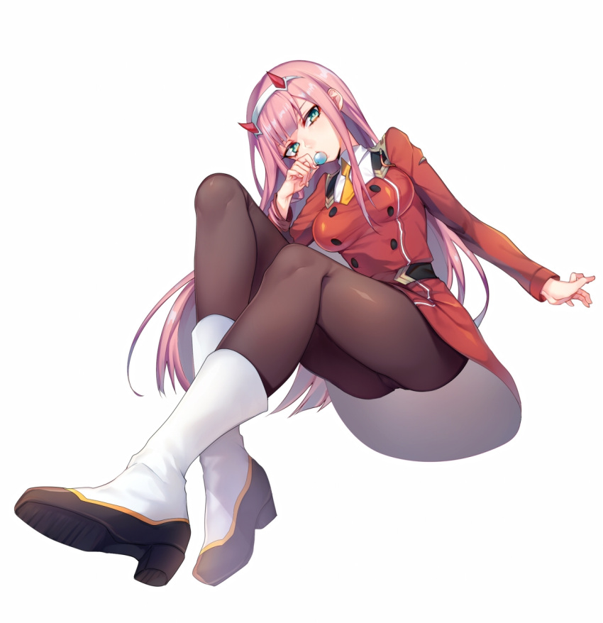 1girl, black_legwear, boots, breasts, darling_in_the_franxx, dress, floating_hair, full_body, green_eyes, hairband, highres, holding_lollipop, horns, long_hair, long_sleeves, looking_at_viewer, medium_breasts, military, military_uniform, necktie, panties, panties_under_pantyhose, pantyhose, pink_hair, red_dress, shiny, shiny_hair, shiny_legwear, short_necktie, simple_background, solo, tobidayooon, underwear, uniform, very_long_hair, white_background, white_footwear, white_hairband, yellow_neckwear, zero_two_(darling_in_the_franxx)