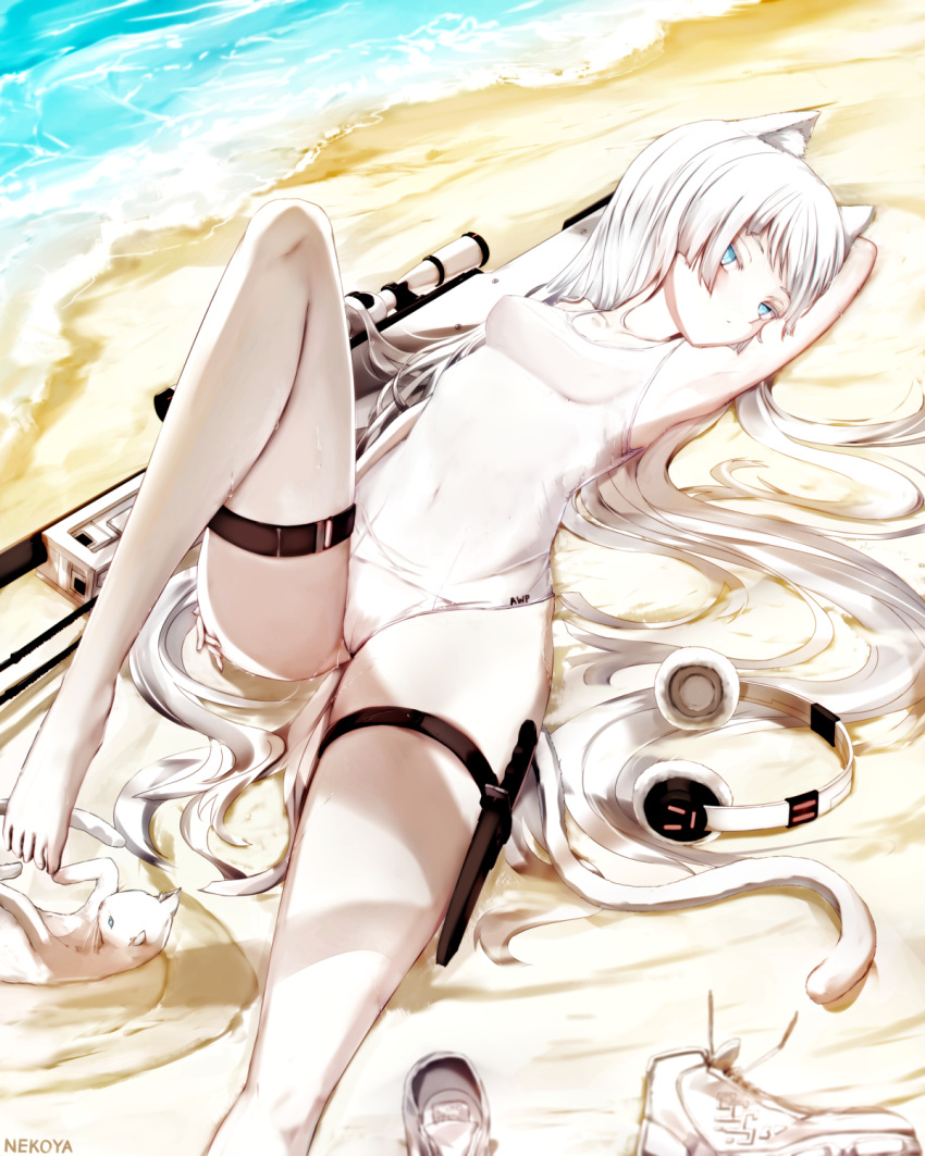 1girl, animal, animal_ear_fluff, animal_ears, awp_(girls_frontline)_(dyolf), bangs, bare_shoulders, barefoot, beach, blue_eyes, blunt_bangs, breasts, cat, cat_ears, cat_girl, cat_tail, closed_mouth, covered_navel, day, dyolf, girls_frontline, gun, headphones, headphones_removed, highres, knee_up, long_hair, looking_at_viewer, lying, ocean, old_school_swimsuit, on_back, one-piece_swimsuit, original, outdoors, pale_skin, rifle, sand, school_swimsuit, small_breasts, sniper_rifle, solo, stomach, swimsuit, tail, thigh_strap, thighs, very_long_hair, water, weapon, white_cat, white_hair, white_legwear, white_school_swimsuit, white_swimsuit