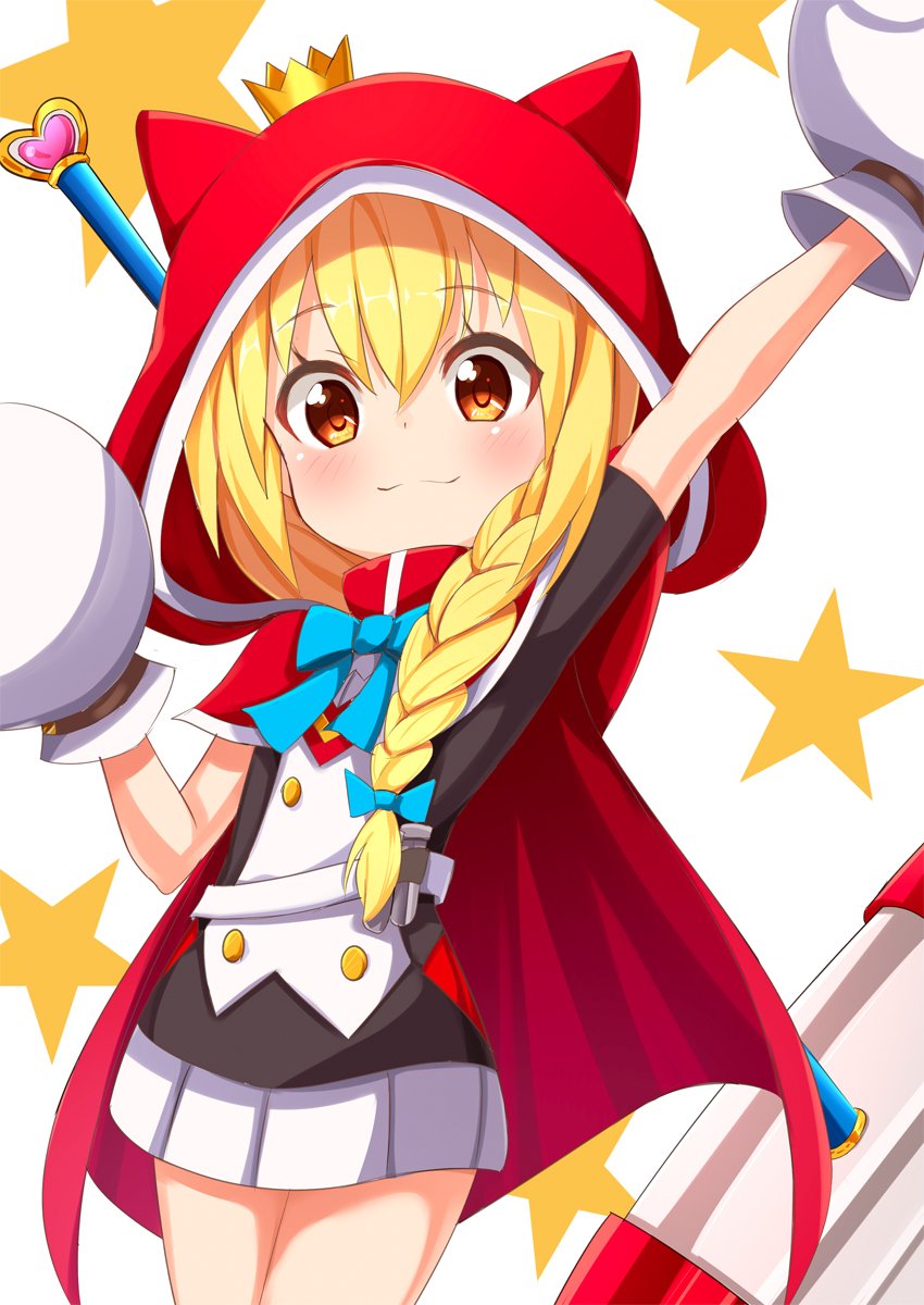 1girl, ame., animal_ears, animal_hood, arm_up, bangs, black_shirt, blonde_hair, blush, braid, cape, closed_mouth, commentary_request, crown, eyebrows_visible_through_hair, fake_animal_ears, hair_between_eyes, hair_over_shoulder, hammer, han-gyaku-sei_million_arthur, heart, highres, hood, hood_up, hooded_cape, long_hair, million_arthur_(series), mini_crown, mittens, outstretched_arm, pleated_skirt, red_cape, red_eyes, renkin_arthur, shirt, short_sleeves, simple_background, single_braid, skirt, smile, solo, star, starry_background, tilted_headwear, weapon, weapon_on_back, white_background, white_mittens, white_skirt
