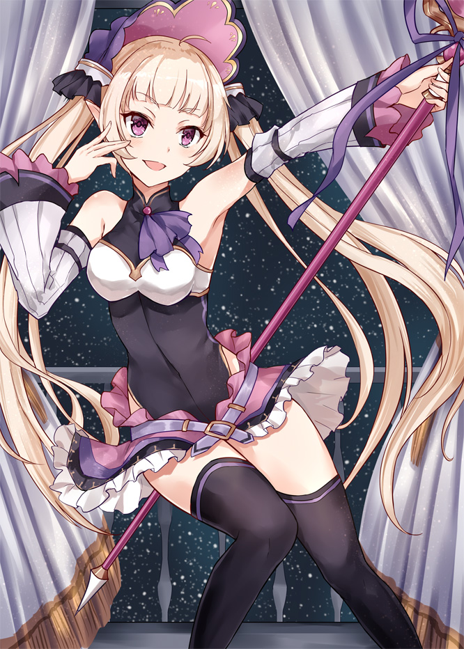 1girl, :d, asle, bangs, bare_shoulders, belt_buckle, black_legwear, black_leotard