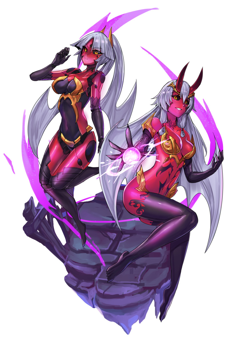 2girls, absurdres, android, barefoot, black_sclera, black_skin, dark_persona, demon, demon_girl, demon_horns, eyebrows_visible_through_hair, eyes_visible_through_hair, facial_mark, fate/grand_order, fate_(series), grin, hair_between_eyes, hair_wings, highres, horns, ibenz009, katou_danzou_(fate/grand_order), long_hair, looking_at_viewer, magic, multicolored, multicolored_skin, multiple_girls, navel, ponytail, red_skin, robot_joints, rubble, smile, tomoe_gozen_(fate/grand_order), transparent_background, white_hair, yellow_eyes