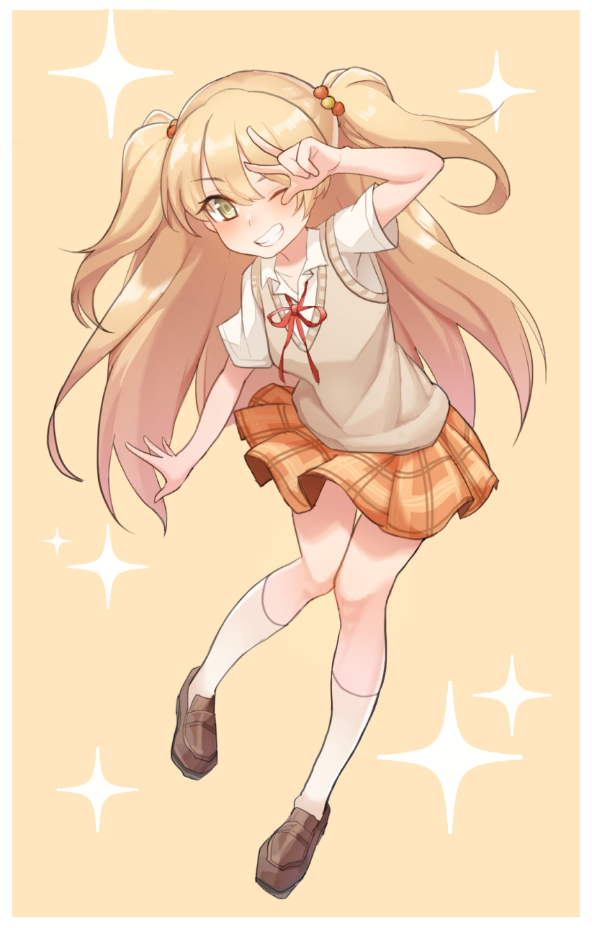 1girl, arm_at_side, arm_up, bangs, blonde_hair, blush, brown_footwear, collared_shirt, full_body, green_eyes, grin, hair_between_eyes, hair_bobbles, hair_ornament, highres, idolmaster, idolmaster_cinderella_girls, jougasaki_rika, kneehighs, knees_together_feet_apart, loafers, long_hair, looking_at_viewer, neck_ribbon, one_eye_closed, plaid, plaid_skirt, planetarium_(platinumstars), pleated_skirt, raised_eyebrow, red_neckwear, red_ribbon, ribbon, school_uniform, shirt, shoes, short_sleeves, skirt, smile, solo, sparkle, sweater_vest, teeth, two_side_up, w, w_over_eye, white_legwear, white_shirt, yellow_background, yellow_skirt