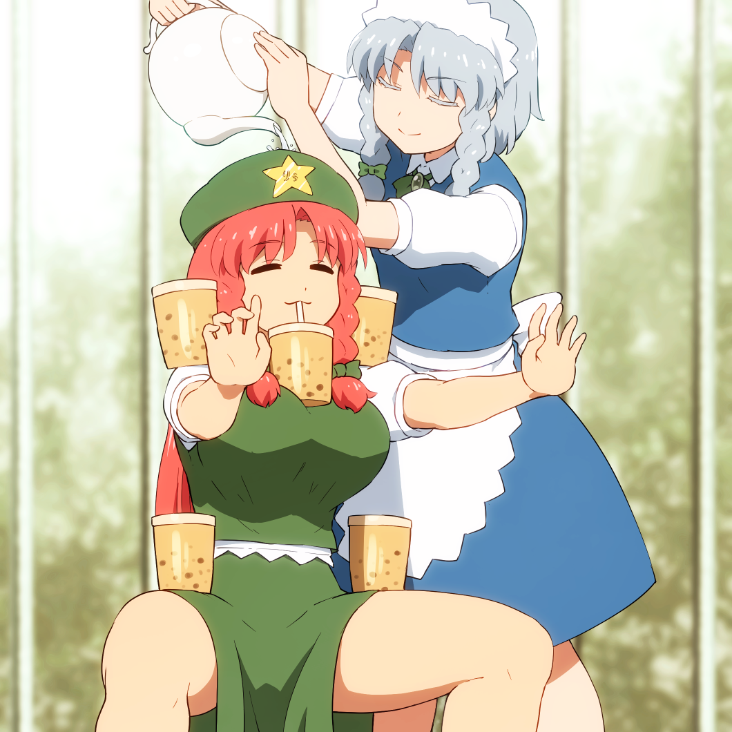 2girls, :3, =_=, ^_^, apron, arms_up, balancing, bangs, beret, blue_dress, blurry, blurry_background, bow, bowtie, braid, breasts, brooch, bubble_tea, bubble_tea_challenge, china_dress, chinese_clothes, closed_eyes, colored_eyelashes, commentary, cup, dress, drinking, drunken_master, eyebrows_visible_through_hair, feet_out_of_frame, green_bow, green_dress, green_headwear, green_skirt, green_vest, hair_bow, hat, holding_teapot, hong_meiling, horse_stance, izayoi_sakuya, jewelry, large_breasts, long_hair, maid, maid_headdress, md5_mismatch, meme, multiple_girls, object_on_breast, outdoors, outstretched_arms, parody, pouring, puffy_short_sleeves, puffy_sleeves, redhead, revision, shirosato, shirt, short_hair, short_sleeves, silver_hair, sitting, skirt, skirt_set, smile, standing, star, teapot, thighs, touhou, twin_braids, vest, waist_apron, water, white_apron, white_shirt